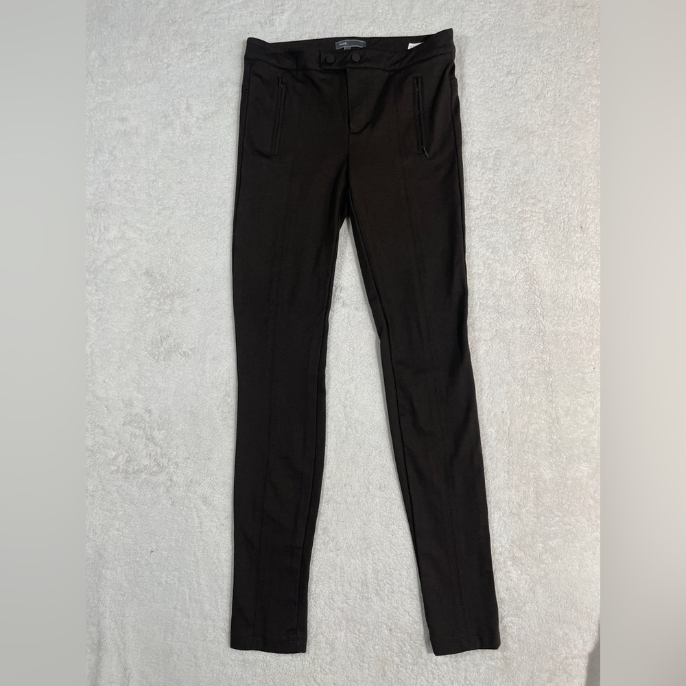 Vince Ponte Knit Tab Front Mid Rise Skinny Pants Viscose Blend Dark Brown Sz 6